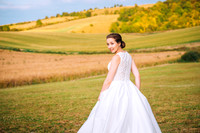bride looking at the camera with incredible hill behind her, golden hour wedding photograph elizabeth donovan photography